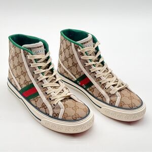Gucci Tennis 1977 GG Monogram High Top Womens Sneakers Beige Tan EU 37.5 US 7.5